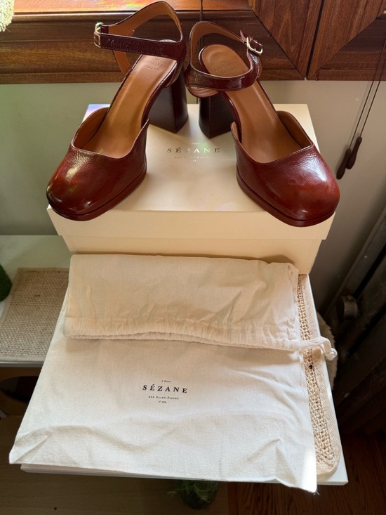 Sezane Brown Leather Mary Jane Block Heel Sandals - Picture 5 of 7